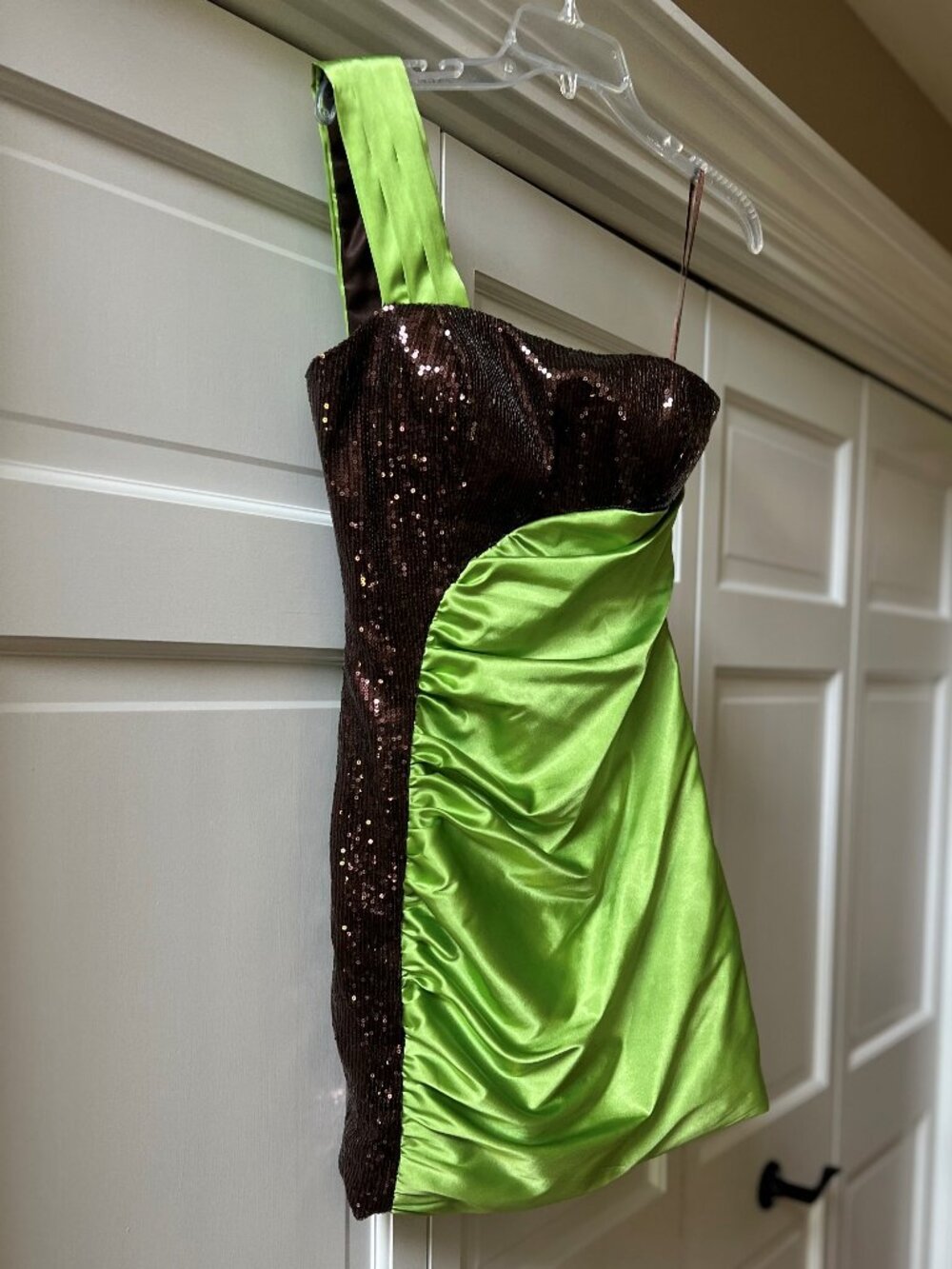 UNIQUE Brown sequin and lime green satin short dress